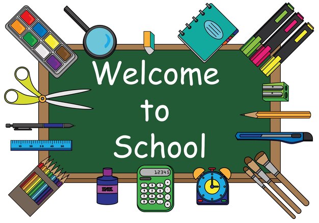 Consiglio scolastico con testo scritto in gesso Lavagna con la scritta Welcome School banner concept design con lavagna nera Illustrazione vettoriale