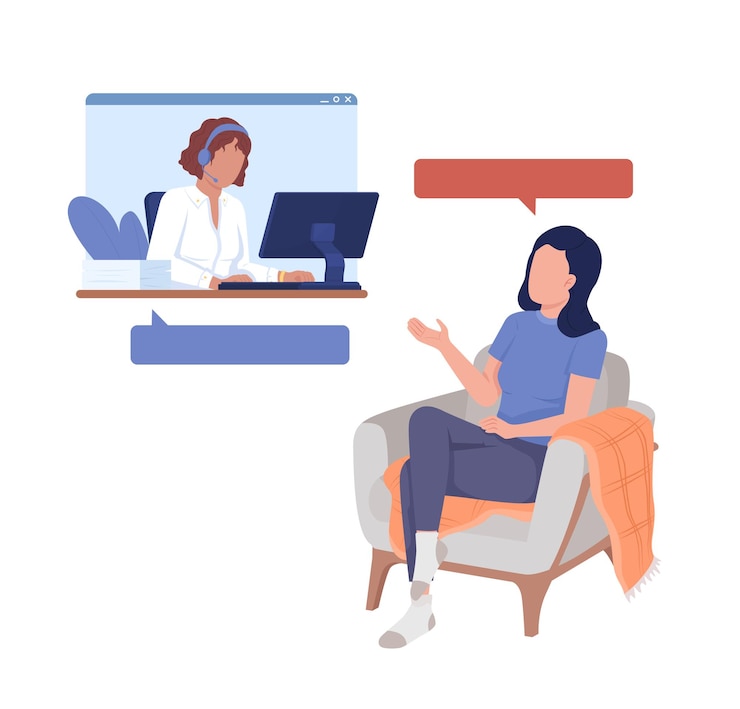 Vettore consulenza cliente femminile con caratteri vettoriali a colori semi piatti dell'agente del call center