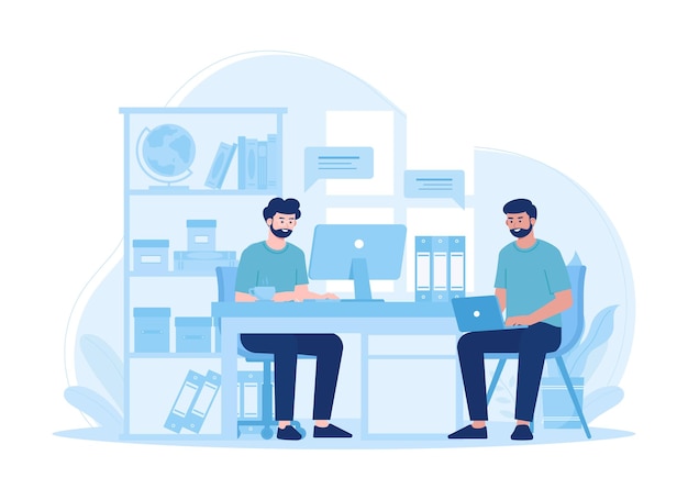 Consultarsi a vicenda sui progetti di lavoro tendenza illustrazione del concetto piano