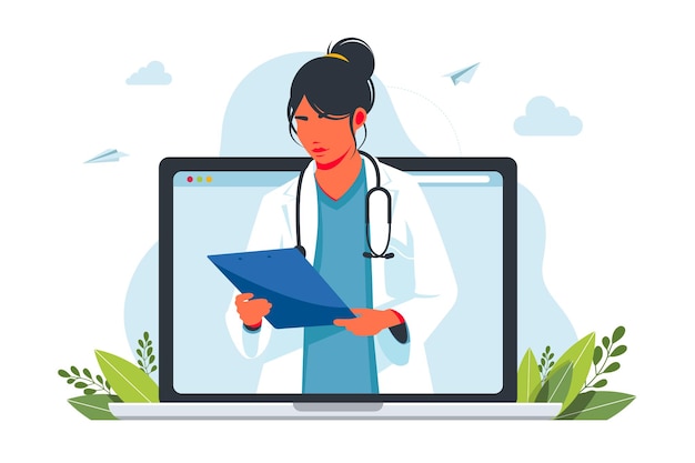 Consultazione medica online dal laptop. Consultazione online di un medico di famiglia. Assistenza medica a distanza. Illustrazione vettoriale. Telemedicina. Servizi sanitari, chiedi a un medico.