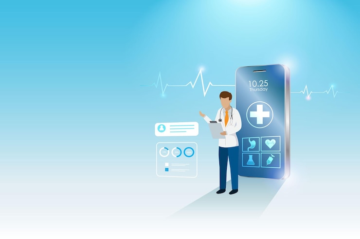 Vettore consultazione online dell'ospedale online del medico virtuale medico sul problema di salute del paziente con diagnosi del telefono
