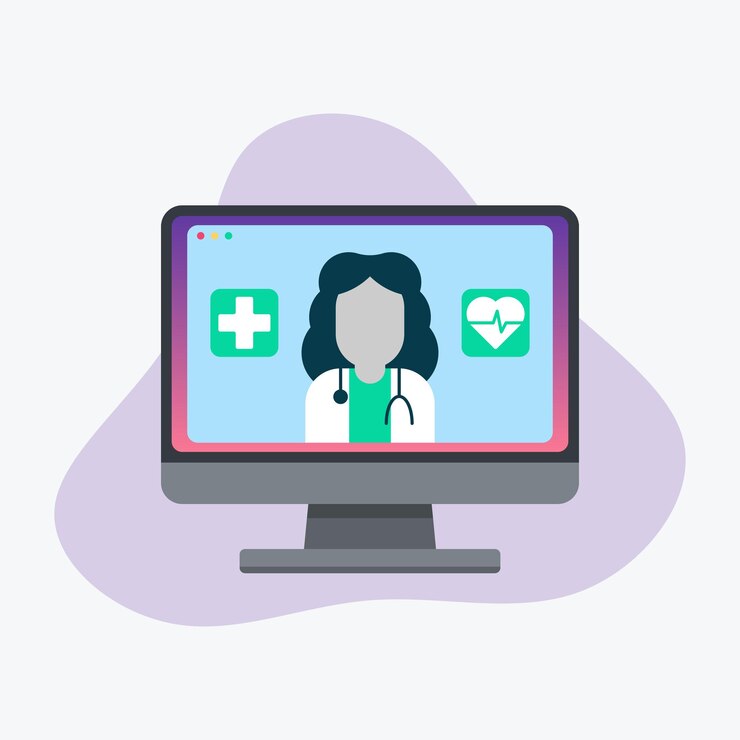 Consulto medico medico online sull'illustrazione vettoriale del concetto di computer