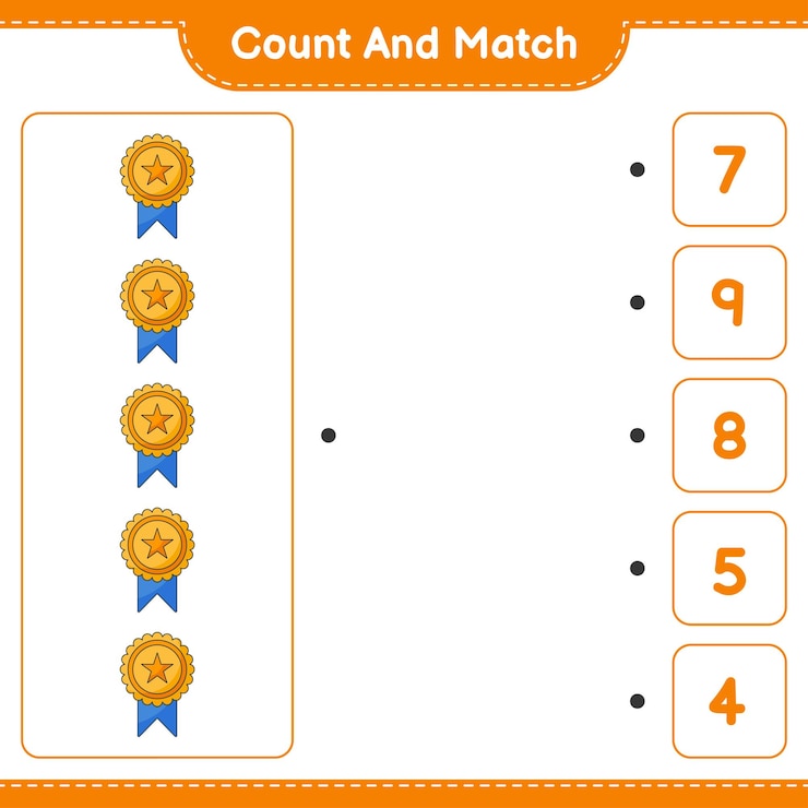 Vettore conta e abbina conta il numero del trofeo e abbina i numeri giusti illustrazione vettoriale del foglio di lavoro stampabile del gioco educativo per bambini