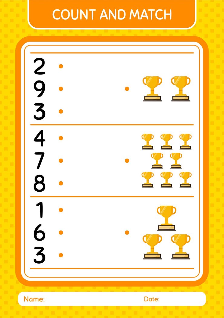 Vettore conta e abbina il gioco con il foglio di lavoro del trofeo per il foglio delle attività dei bambini in età prescolare
