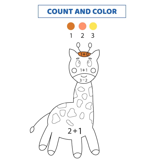 Conta e colora la giraffa del simpatico cartone animato. Gioco di matematica per bambini. Foglio di lavoro per bambini.