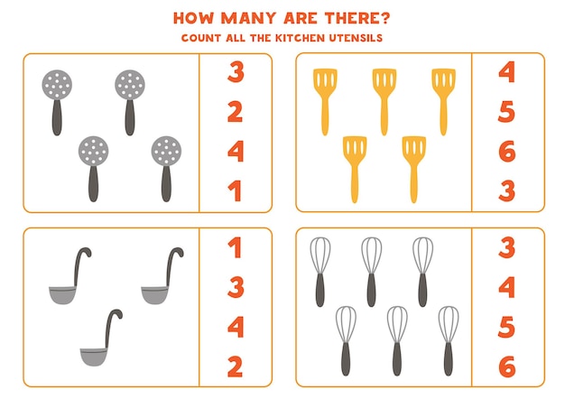 Conta tutte le posate da cucina e scrivi il numero nella casella. Gioco di matematica per bambini.
