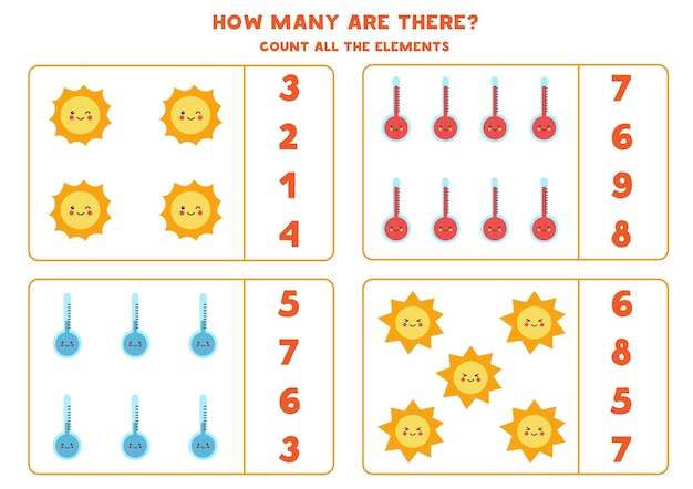Conta tutti gli elementi meteorologici e cerchia le risposte corrette. Gioco di matematica per bambini.