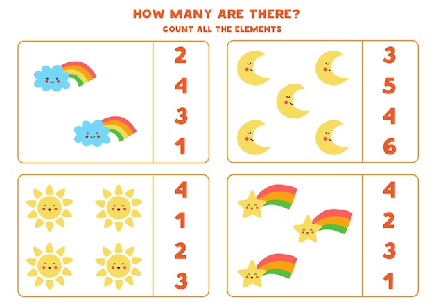 Conta tutti gli elementi meteorologici e cerchia le risposte corrette. Gioco di matematica per bambini.