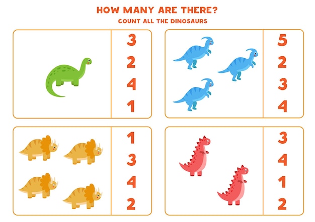 Conta tutti i dinosauri e cerchia la risposta corretta. Gioco di matematica educativo per bambini.