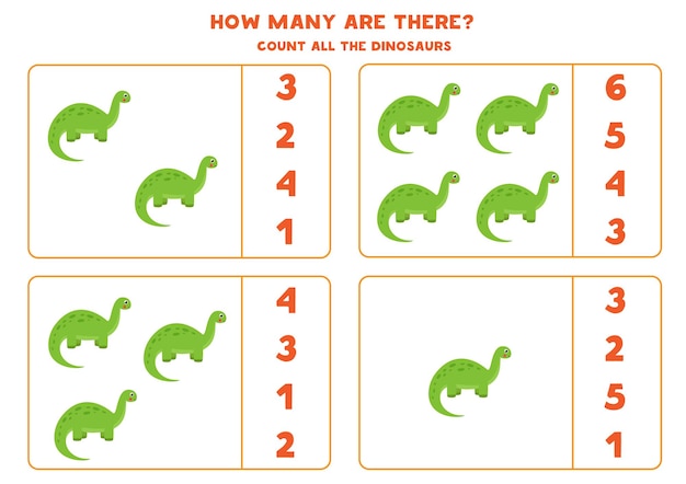 Conta tutti i dinosauri e cerchia la risposta corretta. Gioco di matematica per bambini.