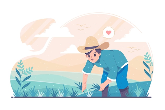 contadino che pianta nel fondo dell'illustrazione dei campi di riso