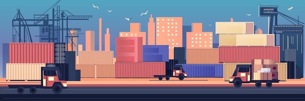 Container di spedizione guerra commerciale Canada tariffe guerra camion portuali gru merci paesaggio urbano scatole logistiche