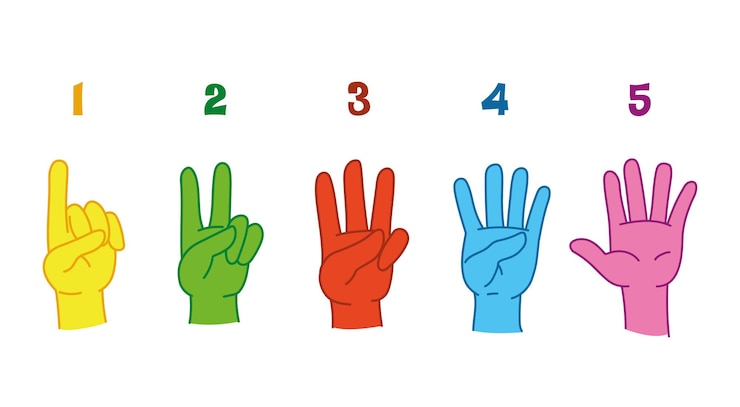 Contando da uno a cinque sulle dita. Gesti delle mani per imparare a contare in età prescolare. Numeri sulle dita. Lancette e numeri multicolori. Divertimento di arte piatto isolato di vettore. conteggio delle dita