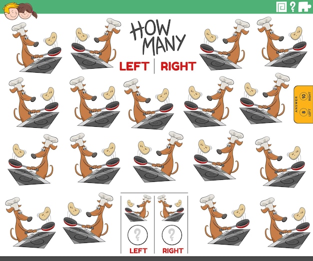 Contando le immagini a sinistra e a destra del cane dei cartoni animati che prepara i pancake
