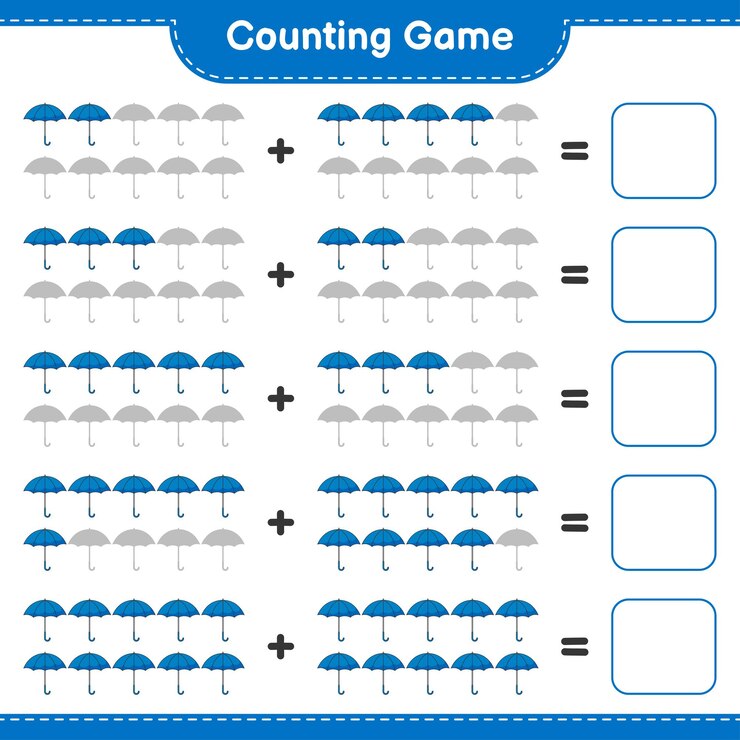 Vettore contare il gioco conta il numero di ombrelli e scrivi il risultato gioco educativo per bambini