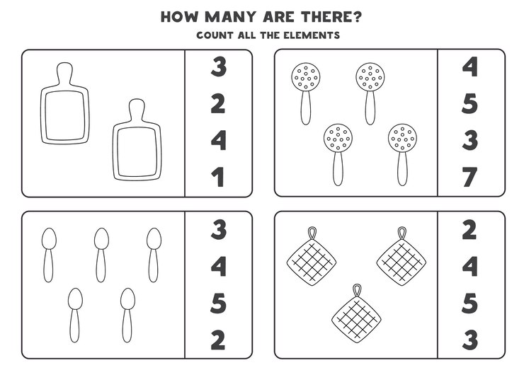 Vettore contare tutti gli utensili da cucina in bianco e nero cerchia le risposte corrette. gioco di matematica per bambini.