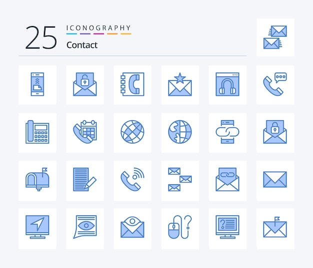 Contatta il pacchetto di icone di colore blu 25 che include i contatti di comunicazione di sblocco e-mail preferiti