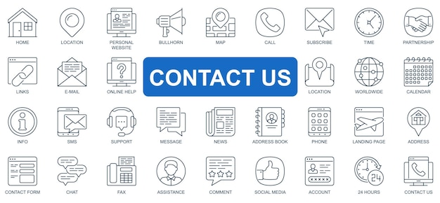 Contattaci concetto semplice linea icone set Pacchetto di posizione sottoscrivi partnership link e-mail