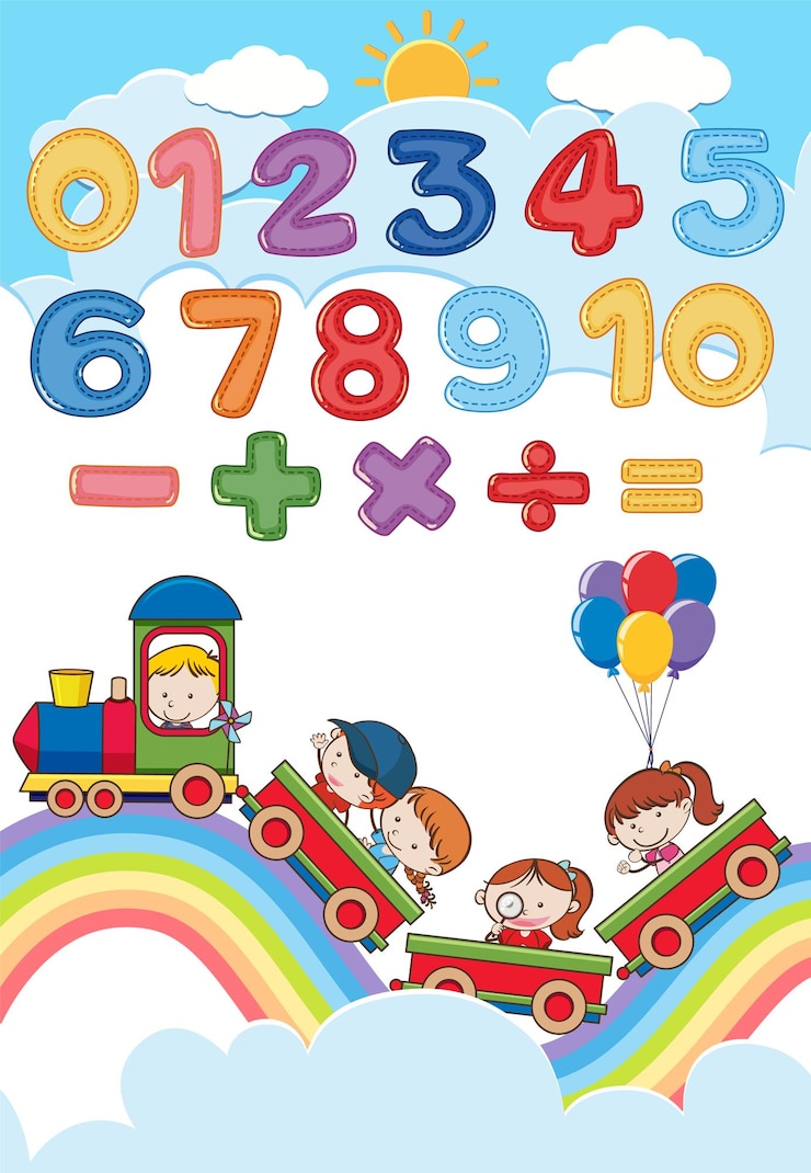 Vettore conteggio dei numeri da 0 a 9 e simboli matematici per bambini