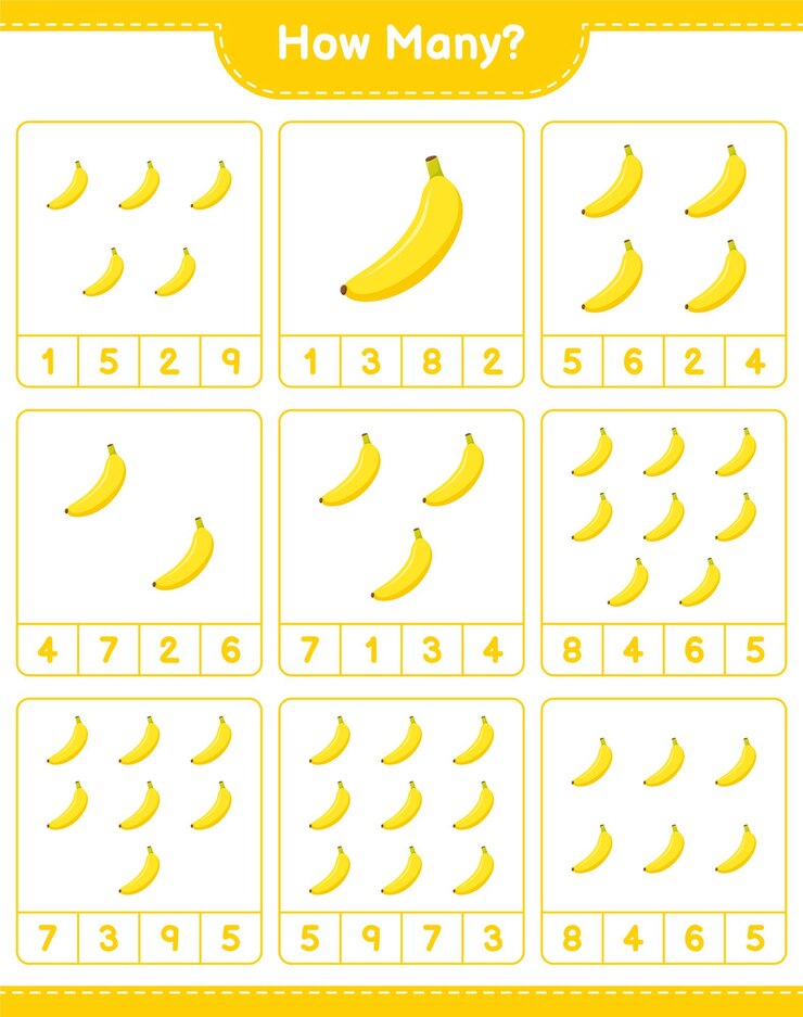 Vettore conteggio del gioco, quante banane. gioco educativo per bambini, foglio di lavoro stampabile