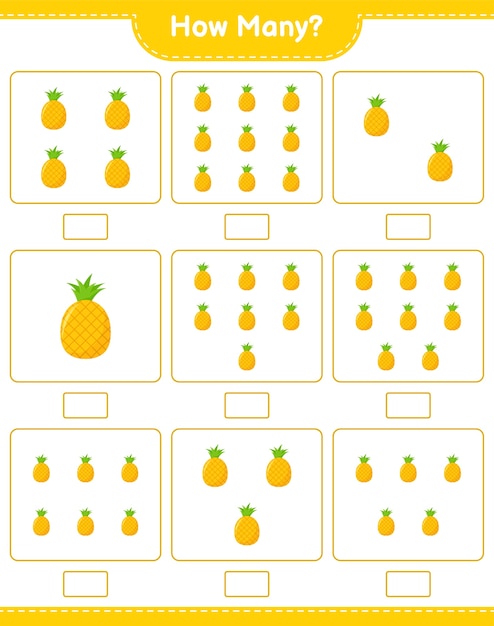 Conteggio del gioco, quanti ananas. Gioco educativo per bambini, foglio di lavoro stampabile