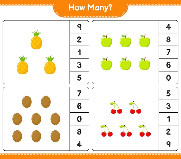 Conteggio del gioco, quanti frutti. Gioco educativo per bambini, foglio di lavoro stampabile