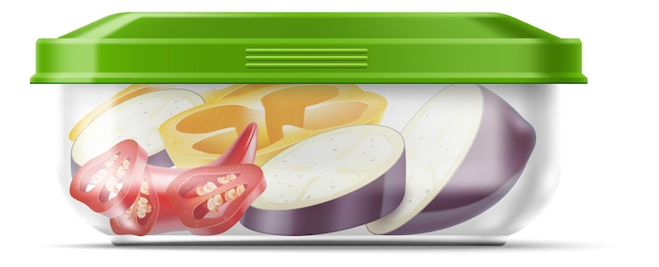 Vettore contenitore alimentare con prodotti scatola di plastica realistica con fette di verdure ingredienti per insalata pacchetto con coperchio taglio di melanzane spezie pepe pezzi di paprika oggetto vettoriale vista anteriore