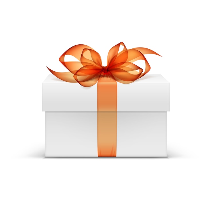 Vettore contenitore di regalo del quadrato bianco con il nastro arancio e l'arco isolati su fondo