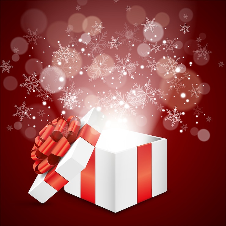 Vettore contenitore di regalo di natale con la luce del bokeh e del fiocco di neve