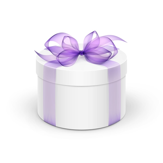 Contenitore di regalo rotondo bianco con Violet Lavander Ribbon viola chiaro ed arco isolati
