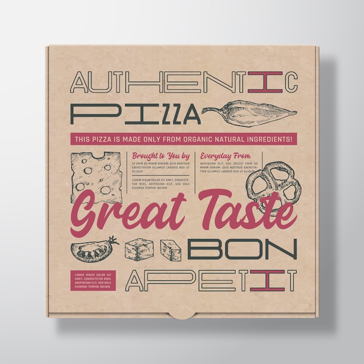 Vettore contenitore di scatola di cartone realistico per pizza. packaging mockup
