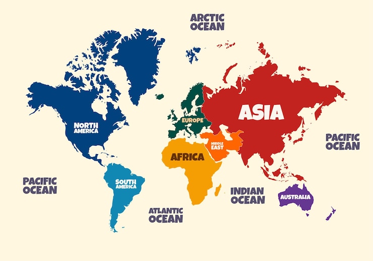 Vettore continenti e oceani della mappa del mondo colorato semplice