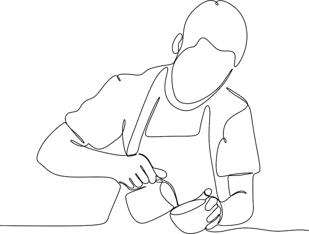 Continua la fila del barista che versa il latte nel caffè
