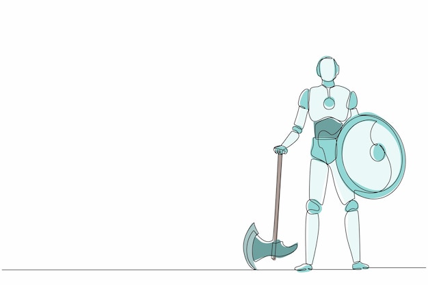 Continuo disegno di una linea robot si trova tenendo una grande ascia e scudi illustrazione vettoriale di progettazione