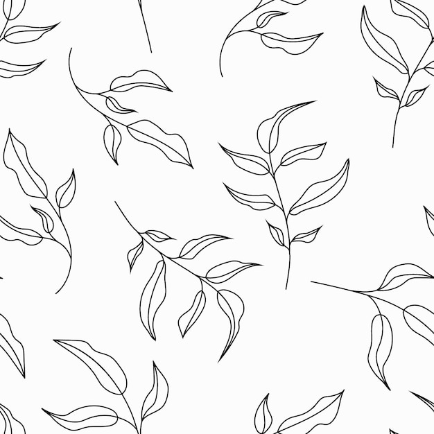 Contorno a disegno senza cuciture foglie linea arte natura silhouette di sfondo disegnata a mano stampa vettoriale