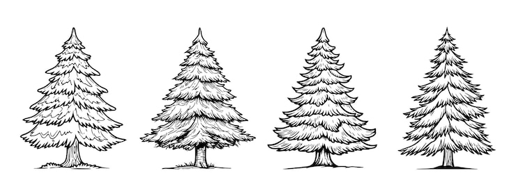 Vettore contorno di alberi di pino isolati su sfondo bianco