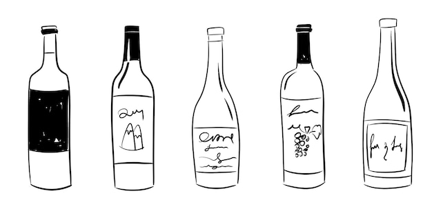 Contorno di bottiglie di vino capricciose isolate su sfondo bianco Collezione di festa