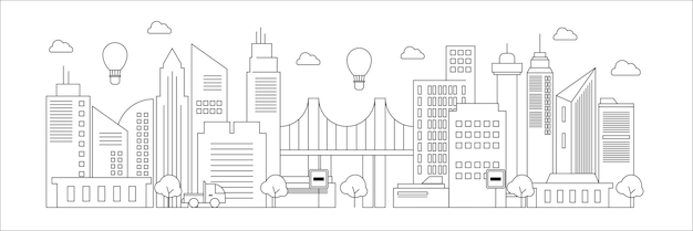 Contorno futuristico di un punto di riferimento urbano silhouette skyline paesaggio urbano con auto cittadine e edifici panoramici illustrazione vettoriale di sfondo in stile di design piatto su linee bianche e nere