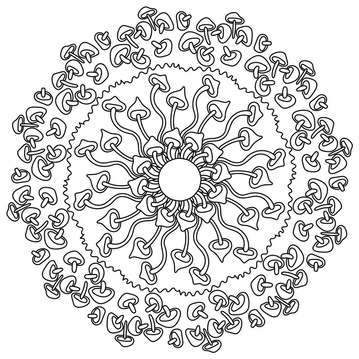 Contorno mandala zen con funghi cappuccio elementi naturali pagina da colorare con fungo doodle