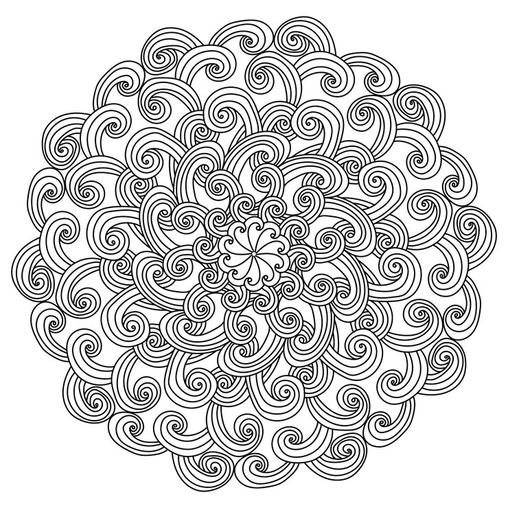 Contorno simmetrico doodle mandala di riccioli ondulati rotondi pagina da colorare antistress