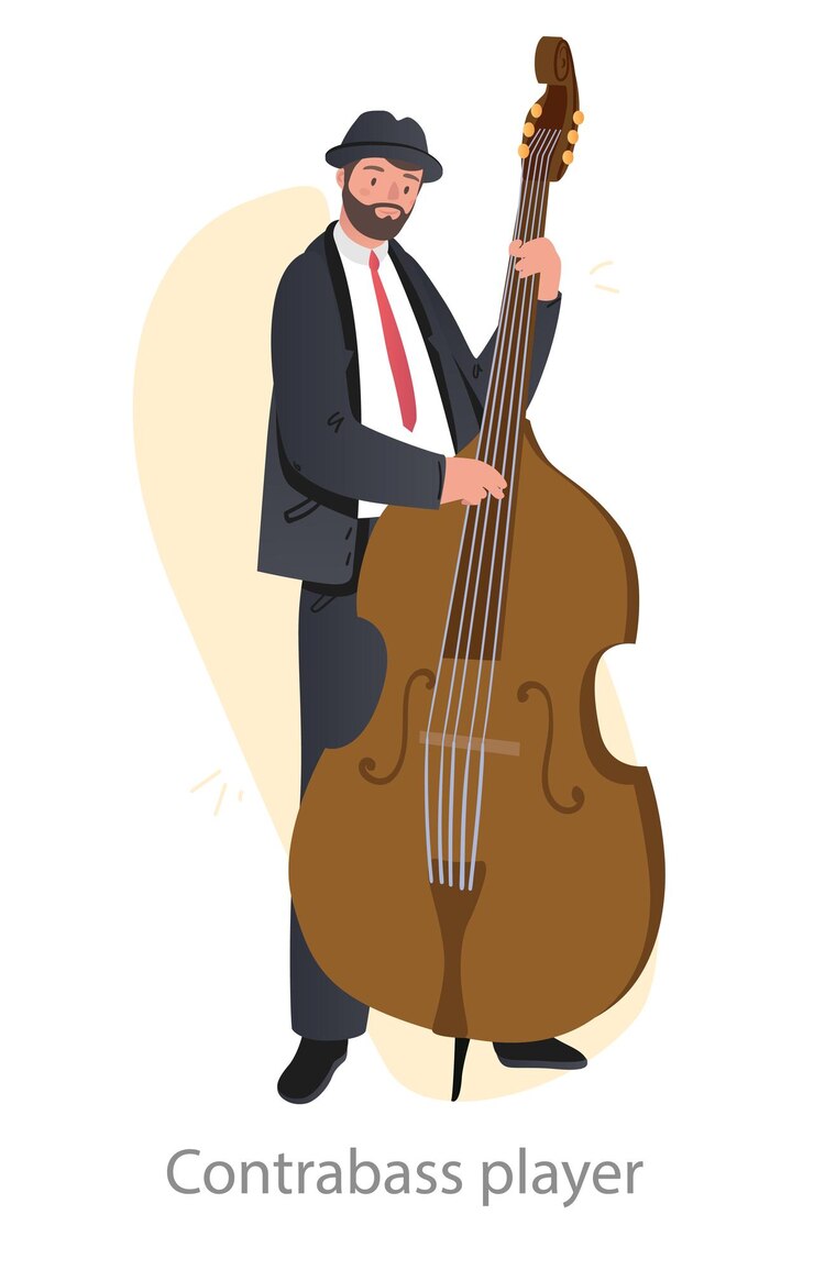 Vettore controbassista concetto uomo tiene un grande strumento ad arco con corde e suona una bellissima melodia