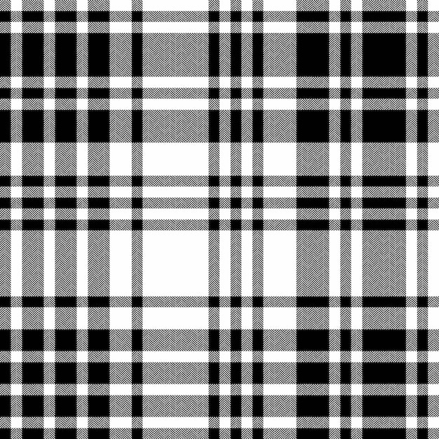 Controlla il vettore tessile dello sfondo in tessuto plaid con un motivo tartan a trama senza soluzione di continuità nei colori bianco e nero