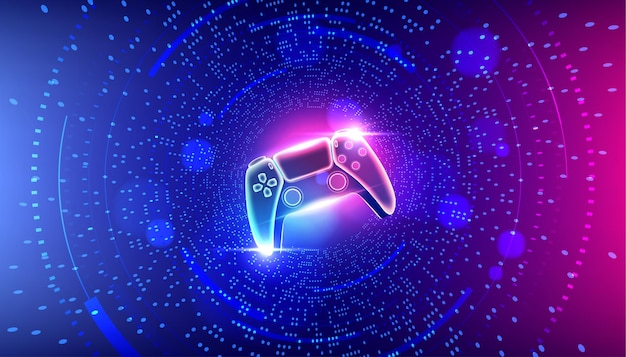 Controller di gioco al neon o joystick per console di gioco sullo sfondo dello spazio cyber in prospettiva centrale.