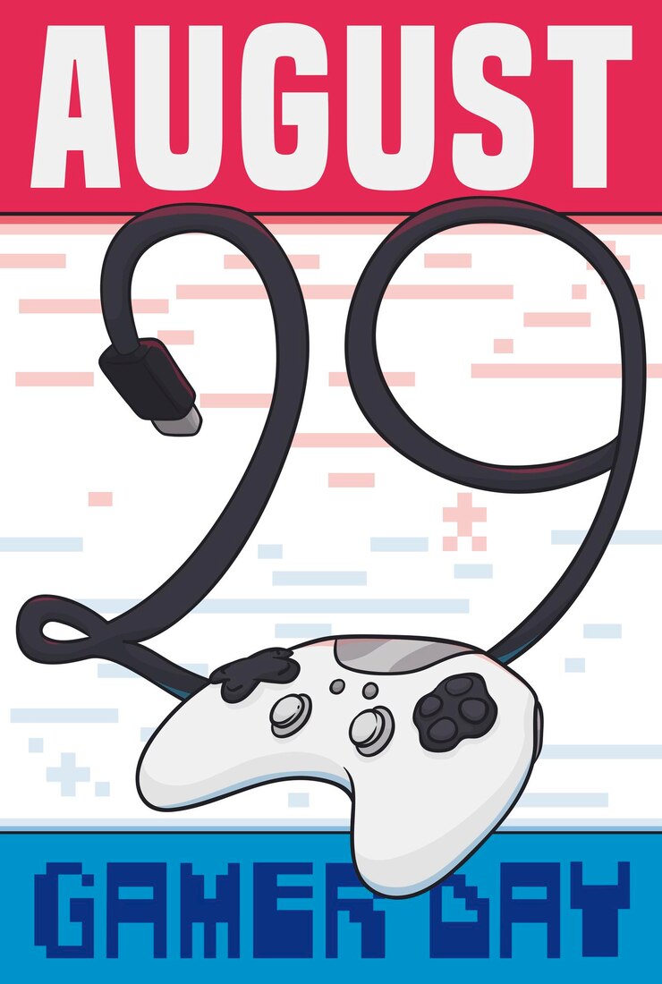Vettore controller di gioco moderno con filo lungo che forma il numero "29" che promuove il gamer day il 29 agosto