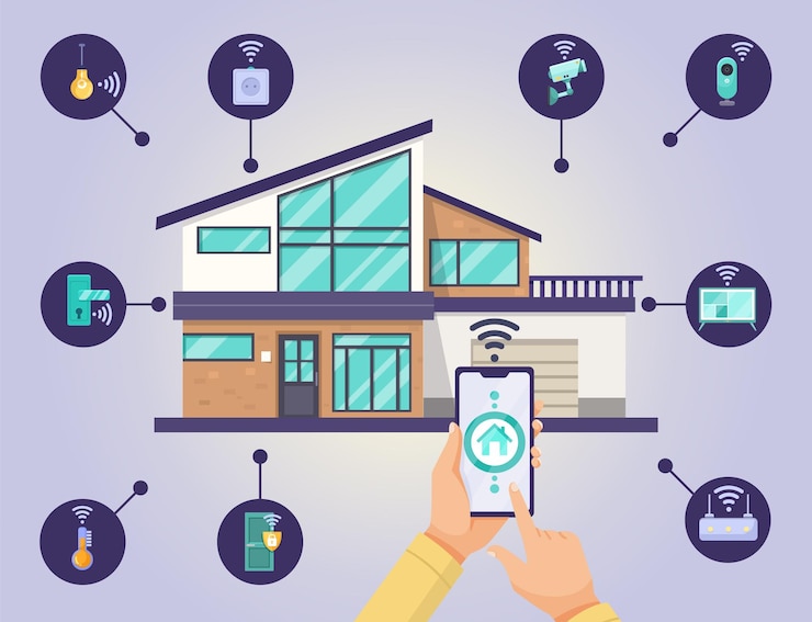 Vettore controllo della casa intelligente con illustrazione vettoriale del telefono cellulare