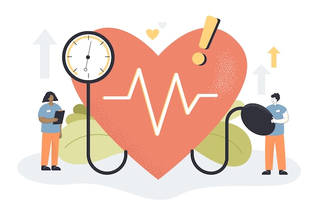 Controllo della pressione alta dei piccoli medici durante il controllo medico. Le persone con il tonometro che controllano i pazienti rischiano di avere un'illustrazione vettoriale piatta di ipertensione. Cardiologia, concetto di malattie cardiovascolari