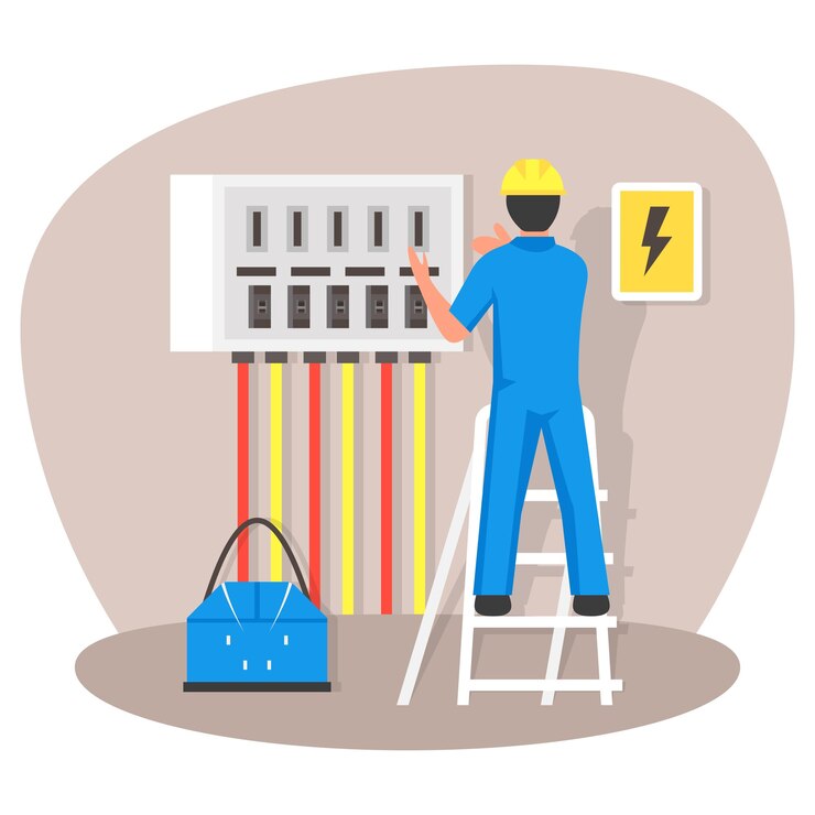 Controllo UPS Indoor High Voltage Concept, Person is on Ladder vector color design illustration