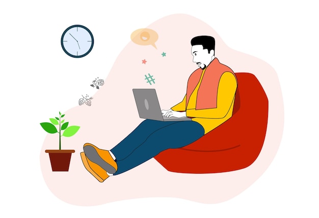 Cool Boy che utilizza il computer portatile sull'illustrazione del sacchetto di fagioli elementi di design vettoriale vestito di colore rosso