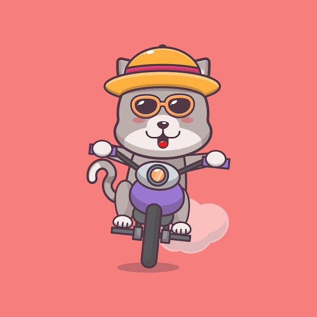 Cool gatto cartone animato mascotte personaggio giro in moto in una giornata estiva