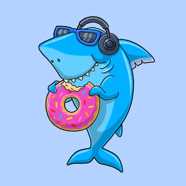Cool squalo mangiare ciambella cartone animato